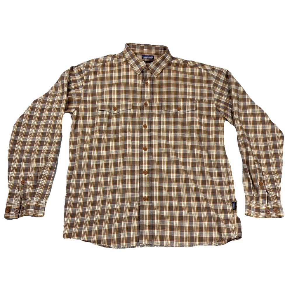 Patagonia Shirt Men's Size M Long Sleeve Button Brown Plaid Organic Cotton